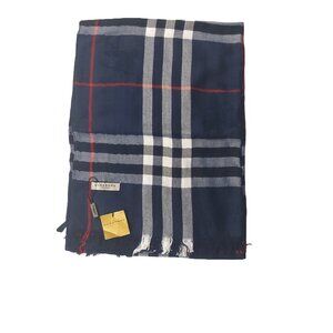 Burberry Navy Blue Black White Red Plaid Multi-Color Vintage Scarf Scarves Wrap